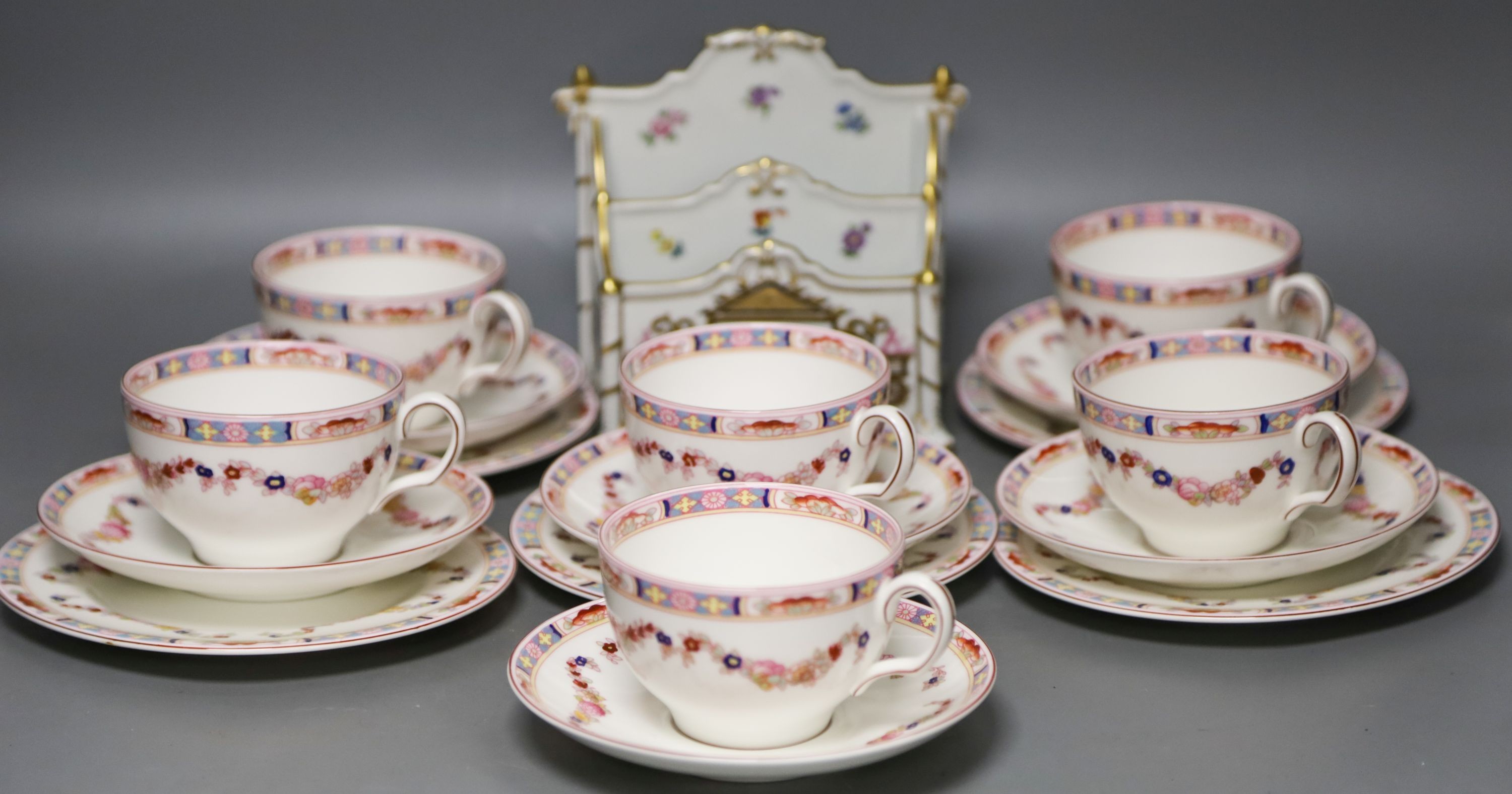 A Minton part tea set and a porcelain letter rack